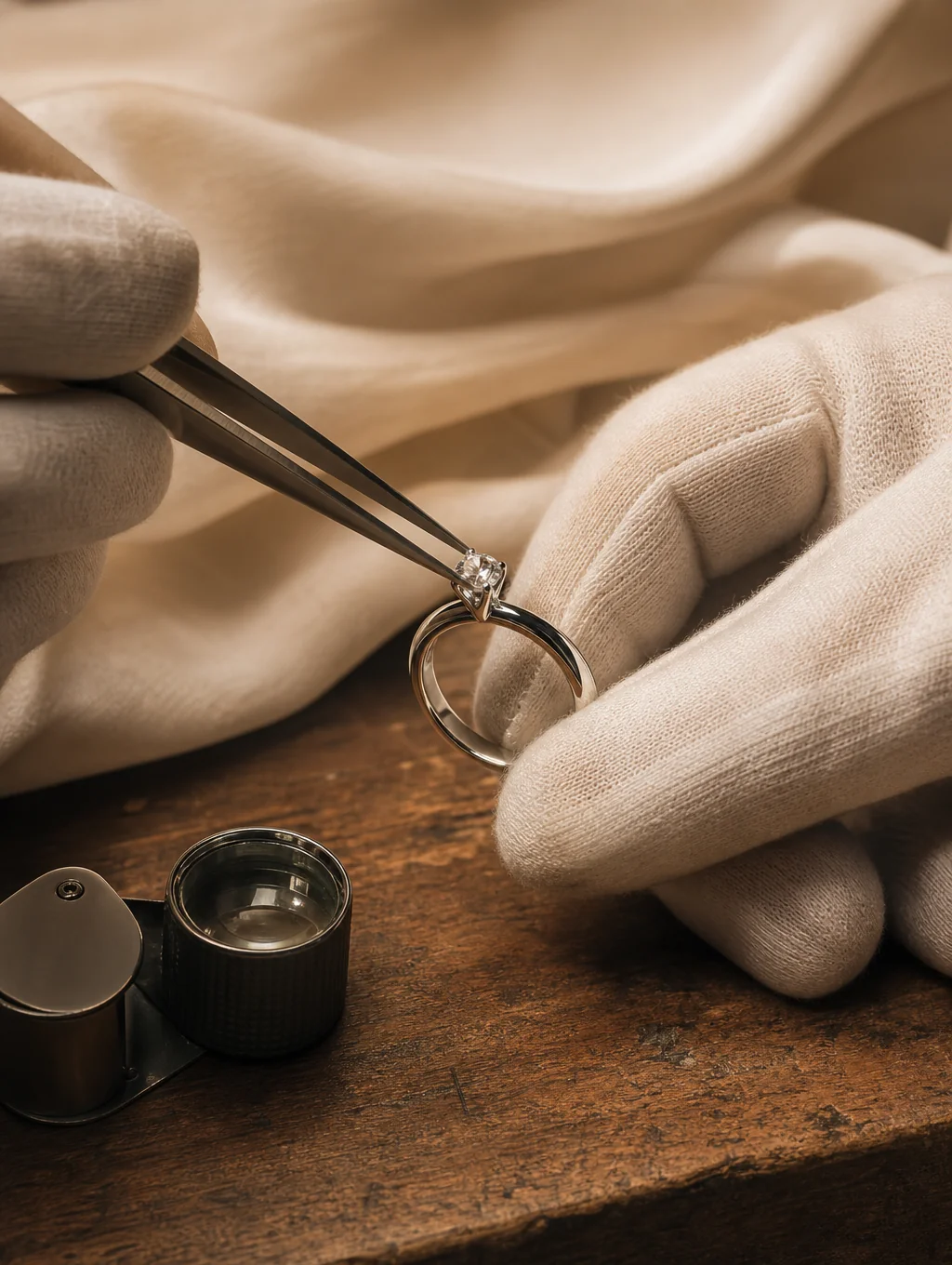 Artisan hands setting a diamond in a gold ring at the Lumi studio