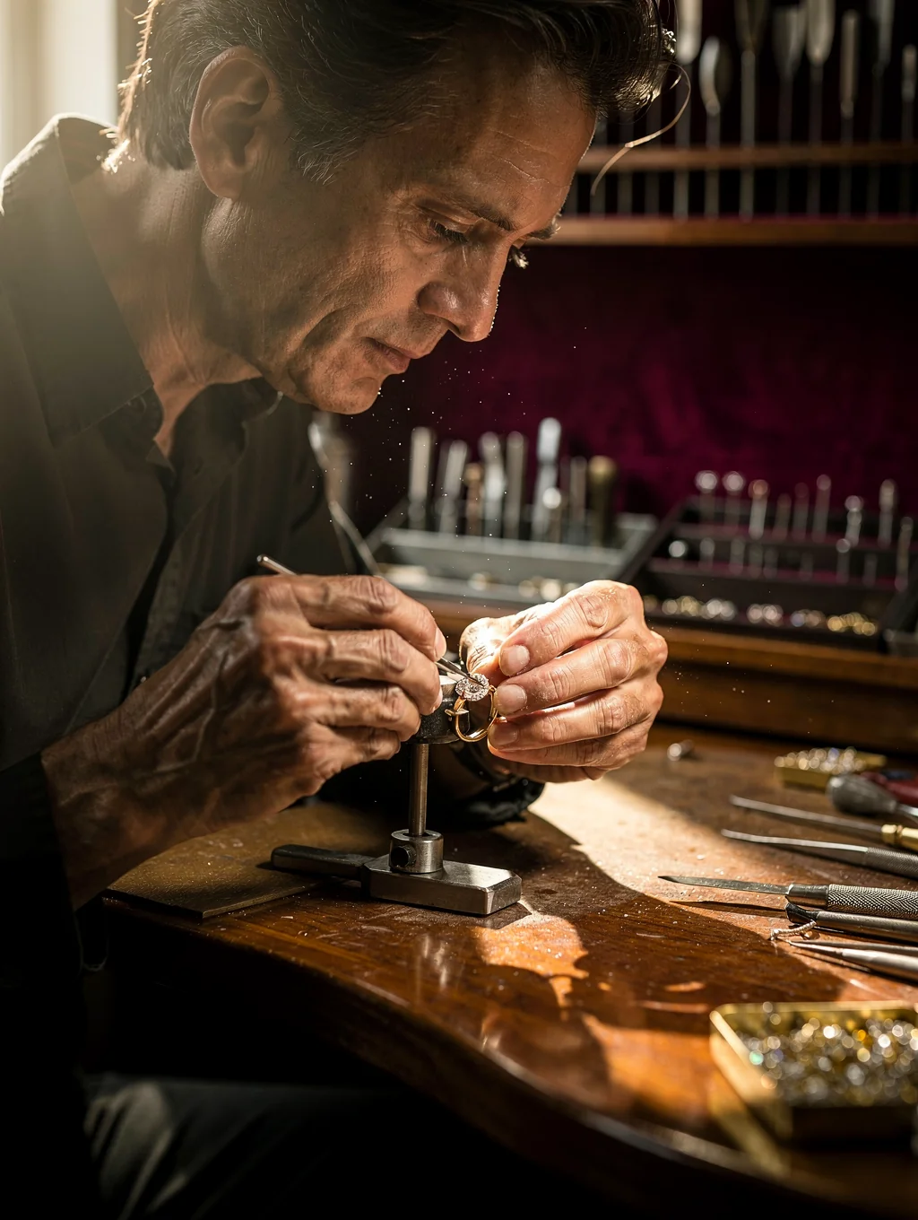 Jeweler using precision tools to set a diamond in gold
