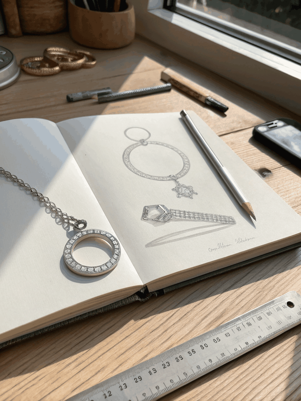 Hand-drawn jewelry design sketches on an atelier desk