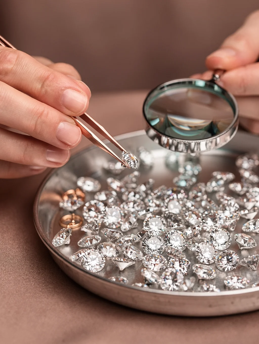 Macro view of loose diamonds and gemstones being inspected